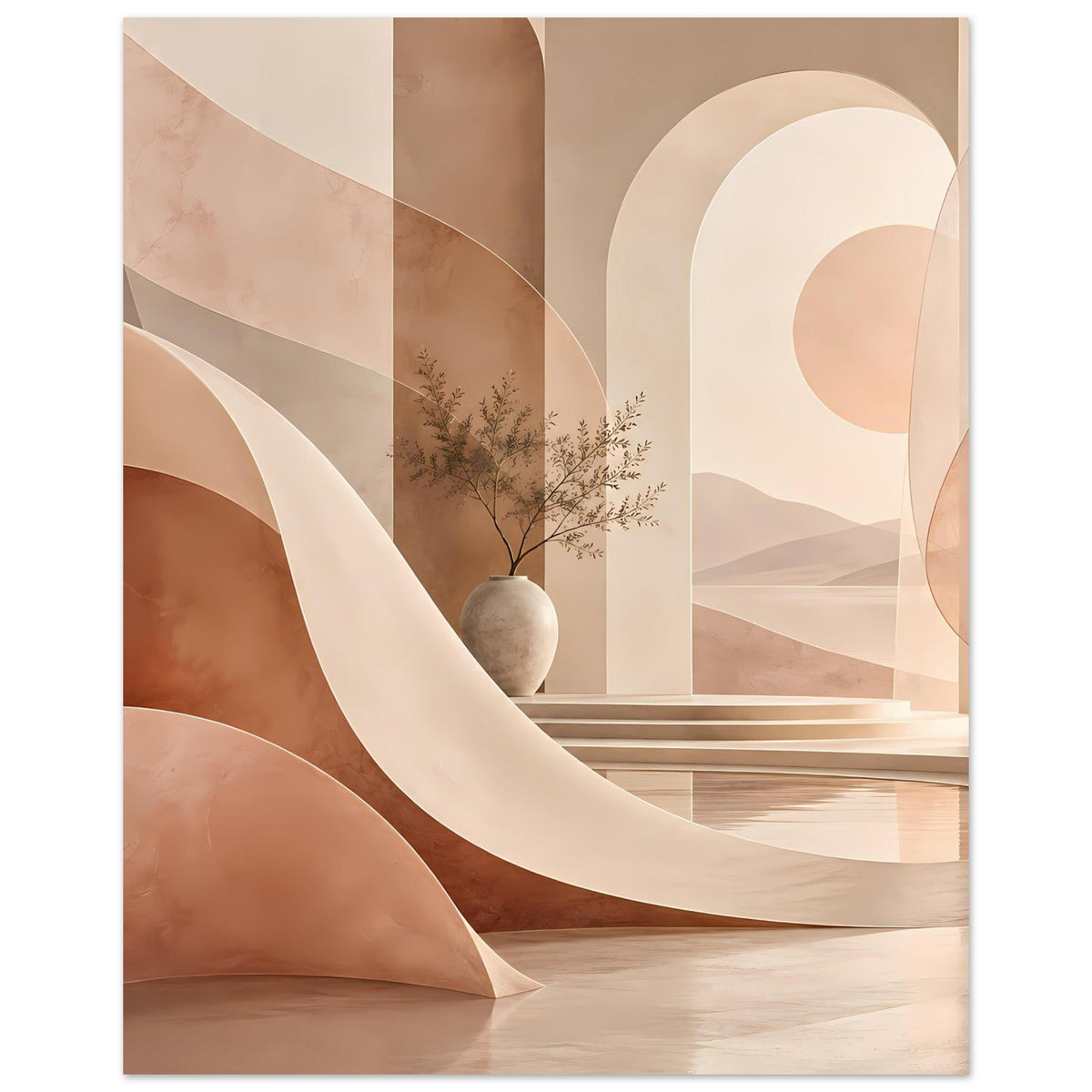 Abstraktes Poster (Hochformat) mit Bögen in warmem Beige und Terrakotta, Vase mit Zweigen