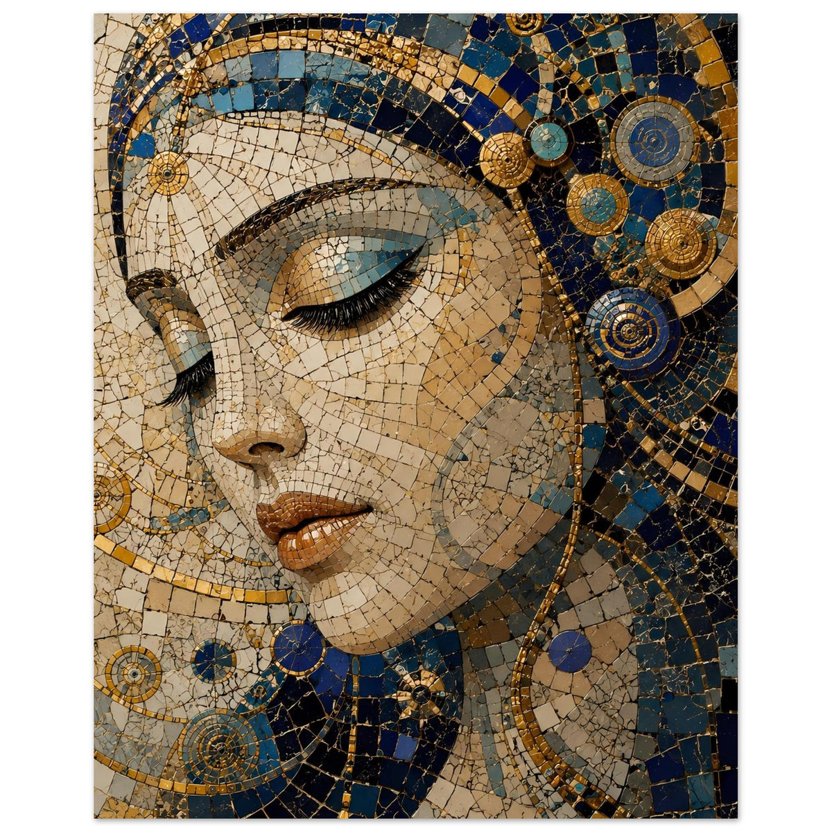 Poster mit Mosaikporträt einer Frau, Stirn- und Augenbereich, blau-goldene Ornamente