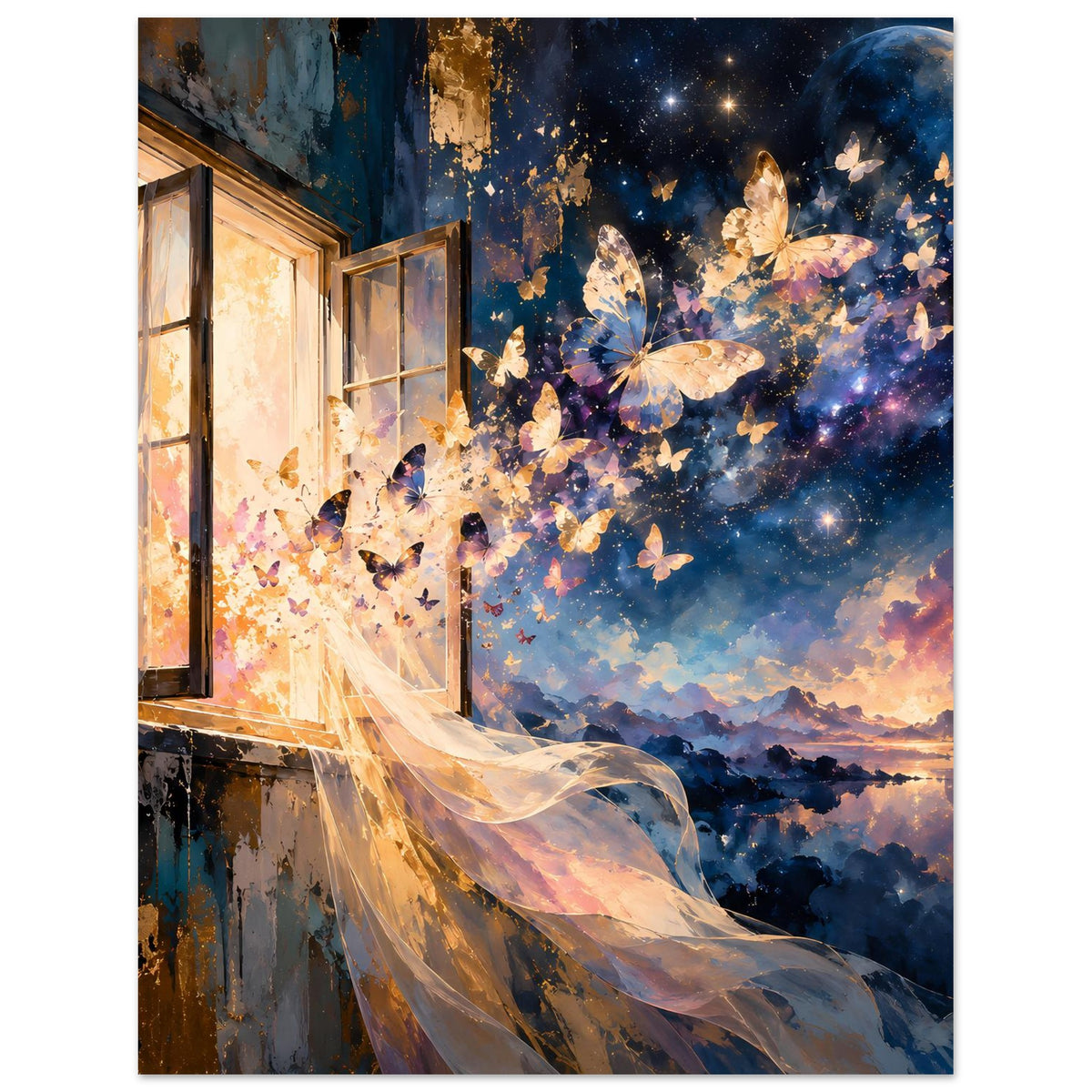 Kunstposter mit Schmetterlingen, Mond über Wolken und leuchtendem Vorhang