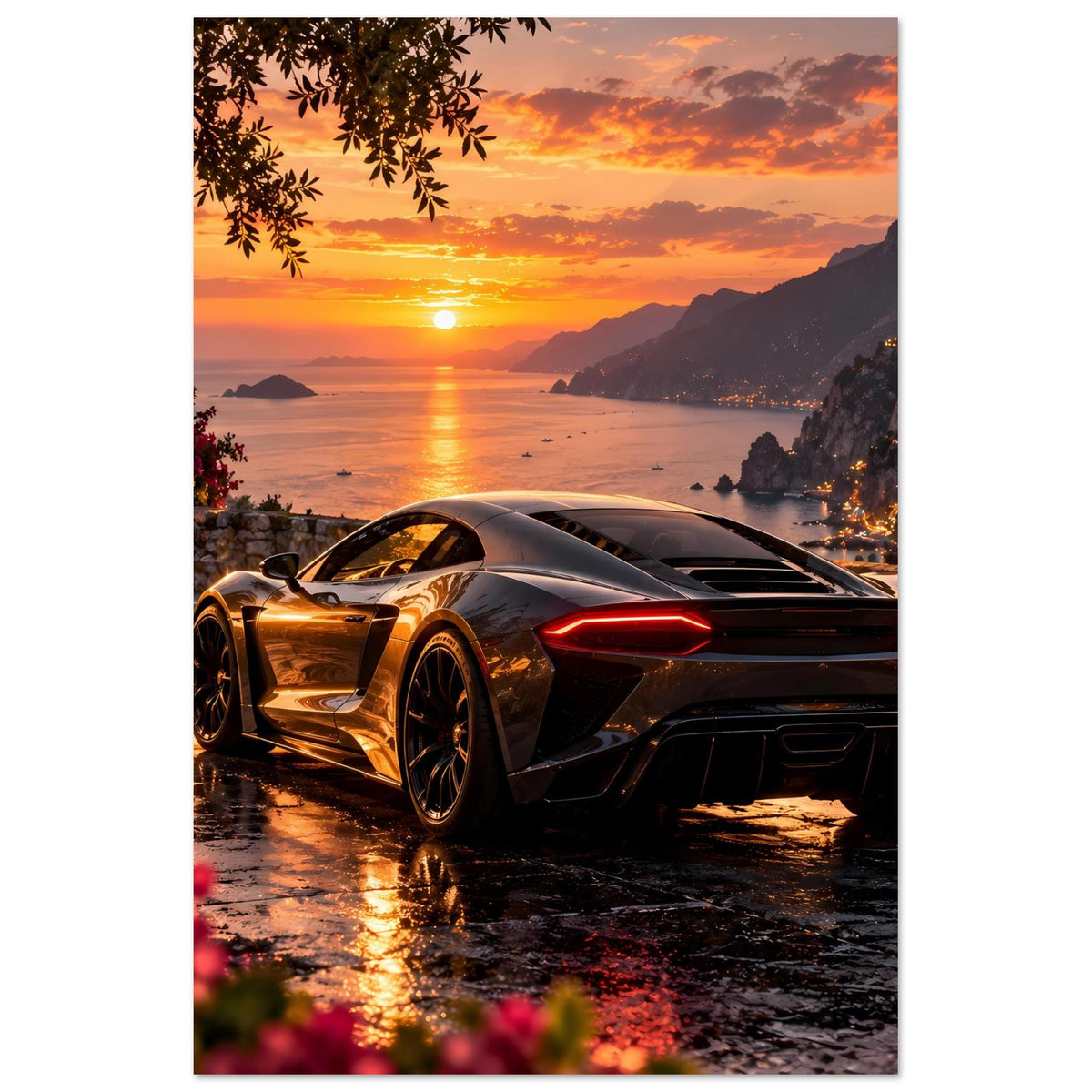 Poster: Sportwagen im Vordergrund, Küstenlinie und Sonnenuntergang über Bergen
