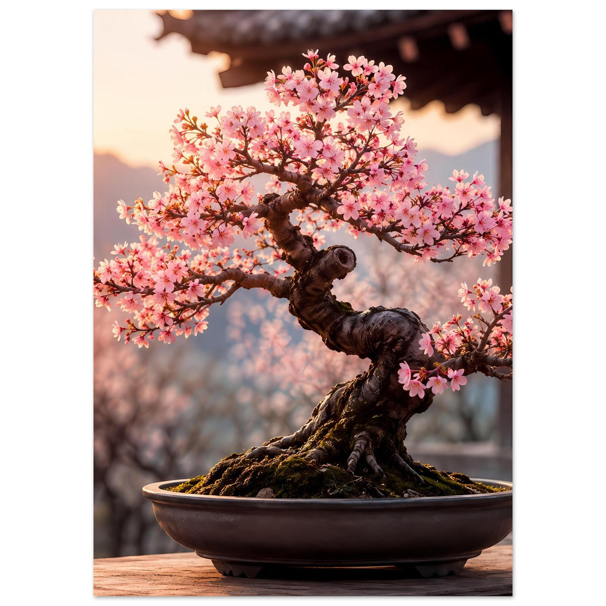 Bonsai-Kunstdruck: rosa Blütenbaum und Schale, vertikal mit engerem Ausschnitt