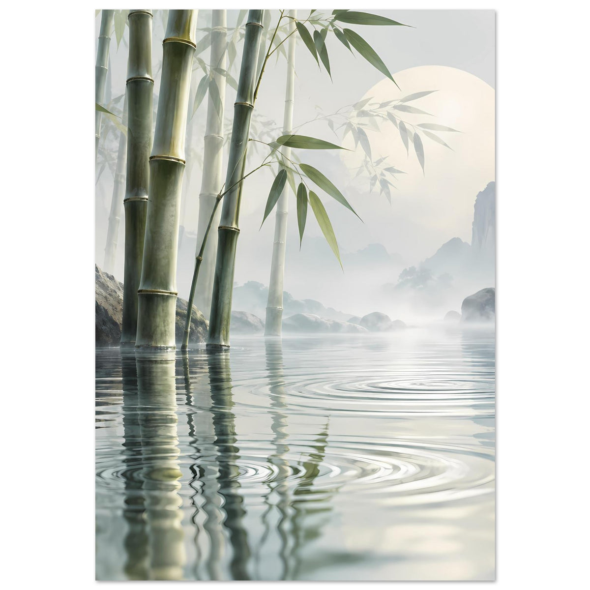 Poster-Ansicht von Bambus und Wasseroberfläche mit kreisenden Reflexen im Vordergrund