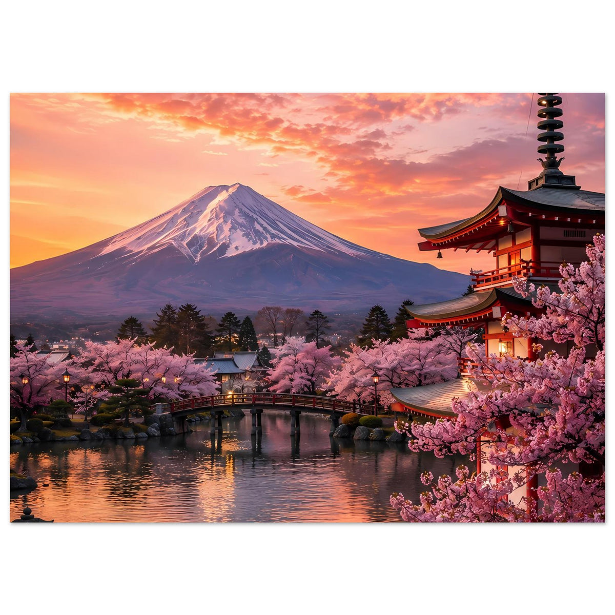 Poster im Abendlicht mit Berg Fuji, Kirschblüten und Pagode, Querformat