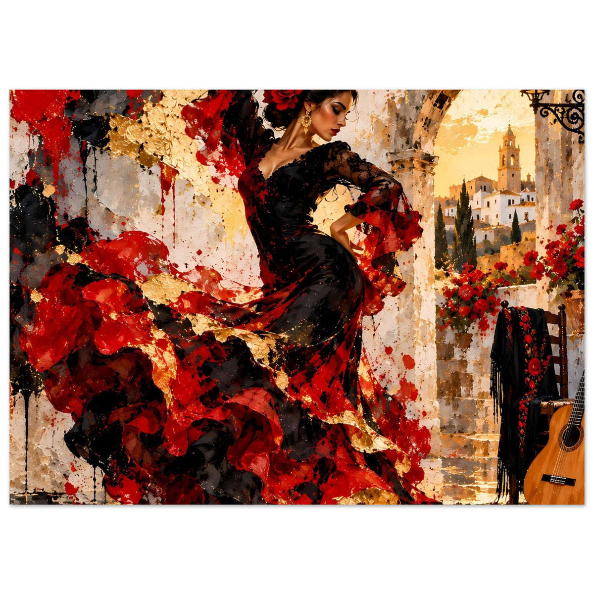 Flamenco-Tänzerin im schwarzen Kleid mit roten Akzenten, rechts Gitarre und Vorhangdetails.