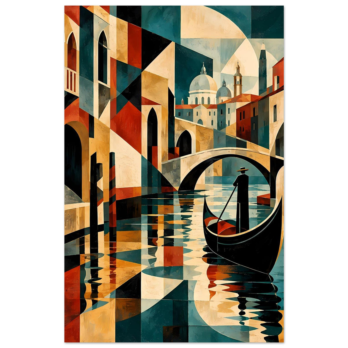 Abstraktes Poster im Hochformat mit venezianischem Kanal, Gondel und bunten Flächen in Erdtönen.