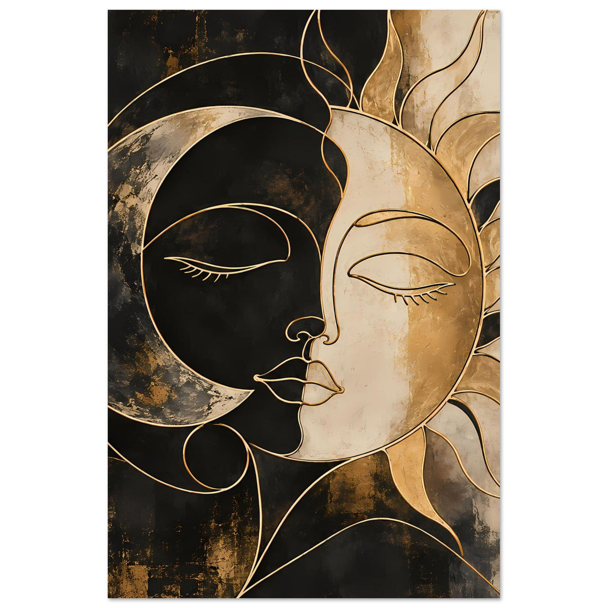 Kunstposter mit verschmolzenen Gesichtern: dunkler Mond links, goldene Sonne rechts, Konturlinien