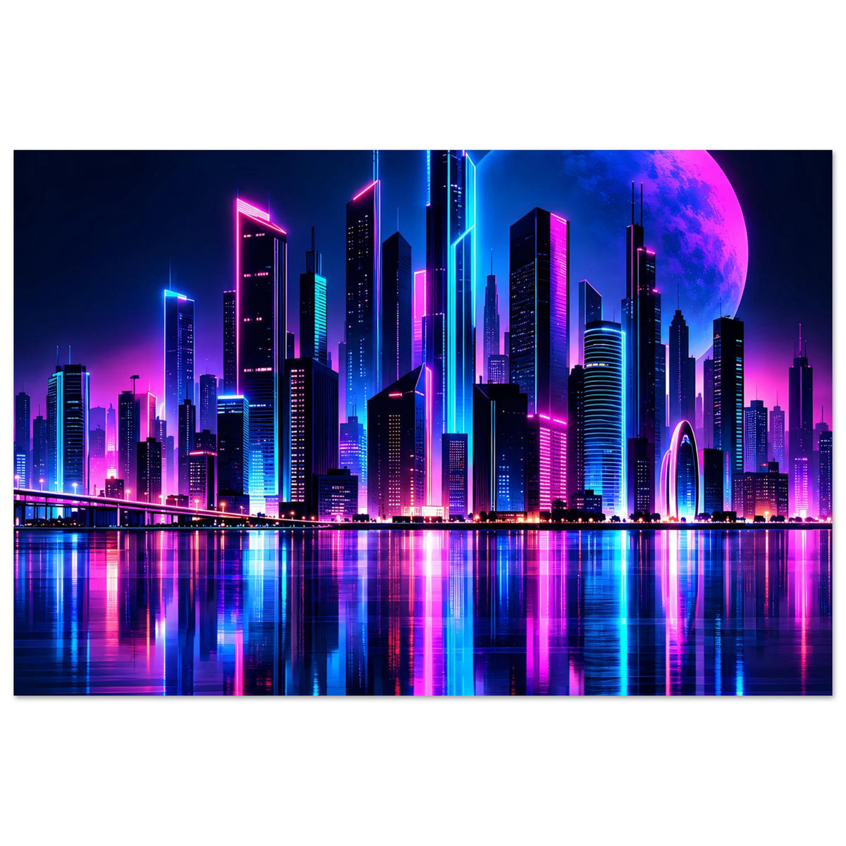 Neon-Stadtlandschaft-Poster im Querformat mit bunten Türmen, blauem Mond und Wasserreflexion