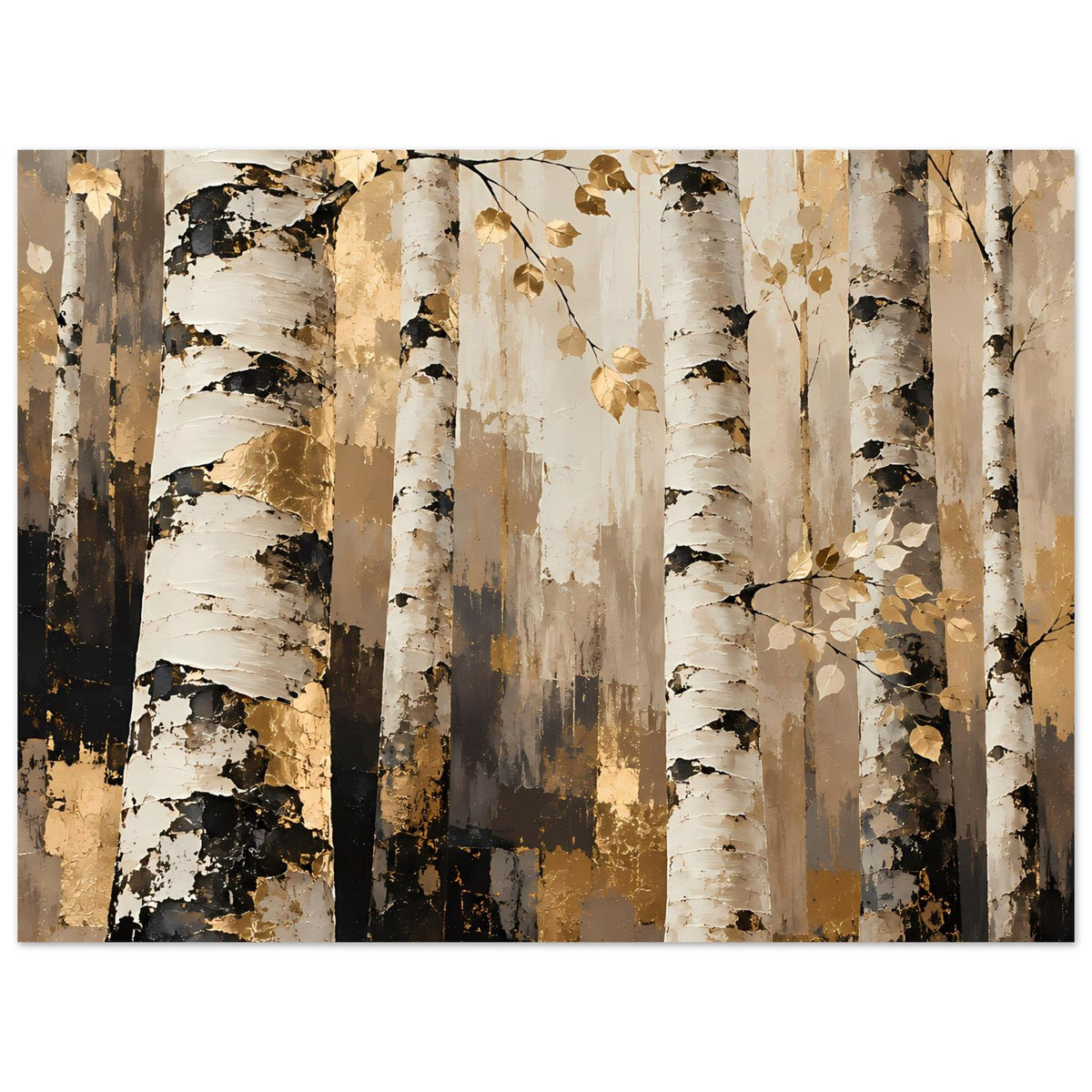 Naturposter mit Birkenstämmen und goldenen Blättern, warmen Erdtönen, querformatig
