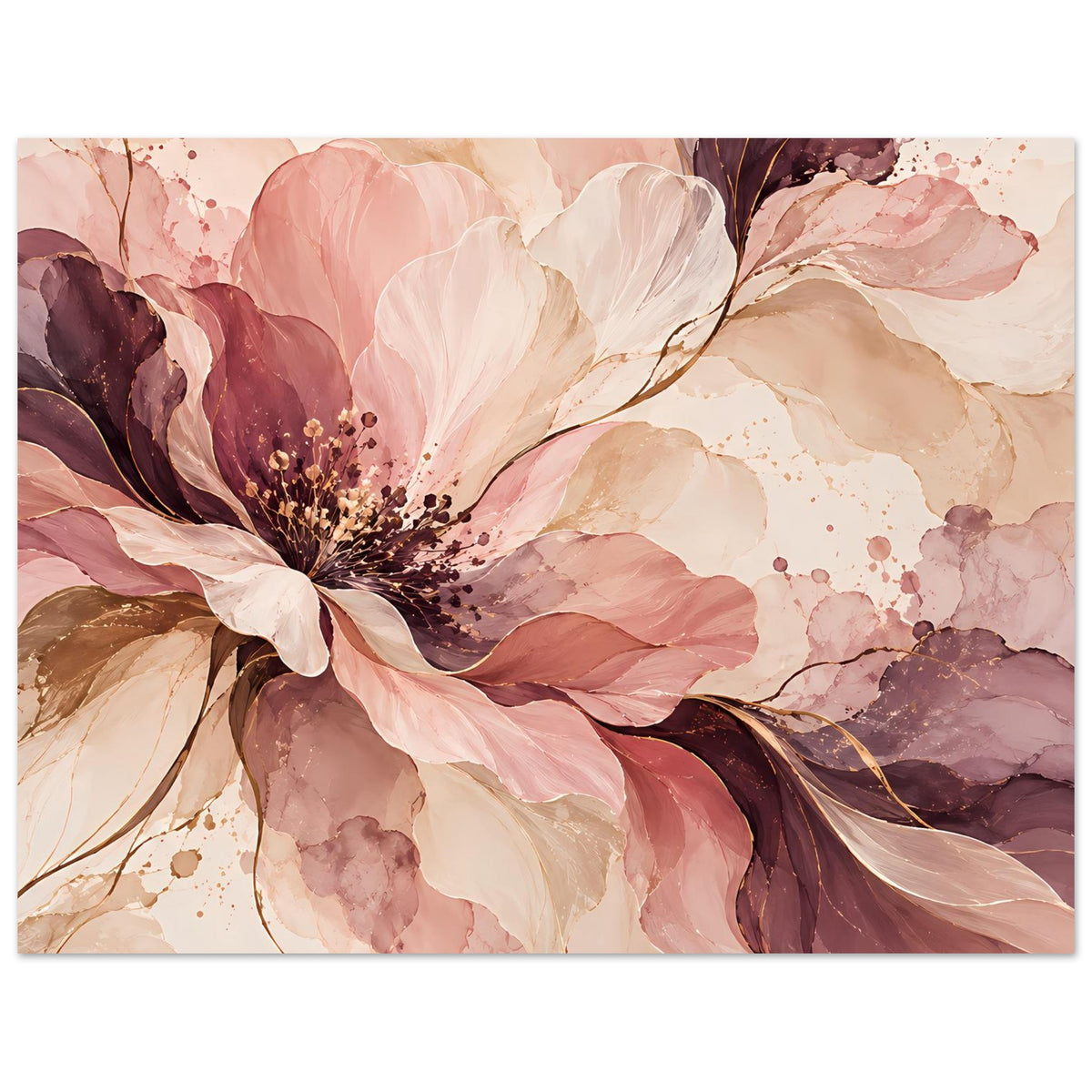 Blütenposter mit abstrakten Blättern in Rosé, Creme und Beerentönen, querformat