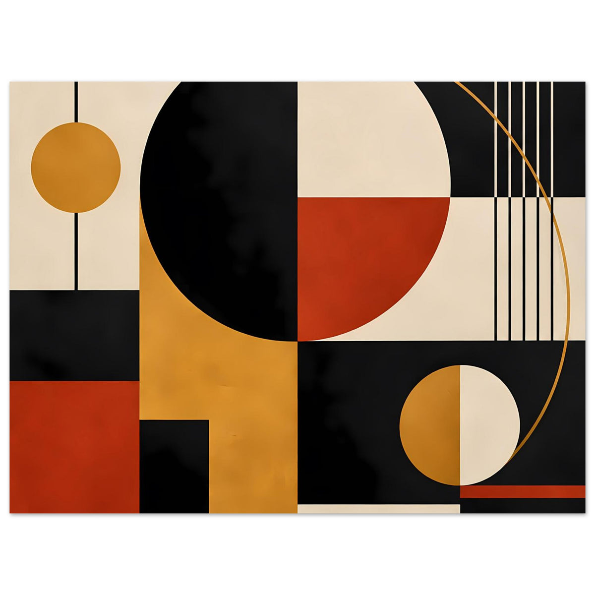 Geometrischer Kunstdruck mit Kreisen, Rechtecken und Linienbogen in Gelb, Rot, Schwarz und Weiß