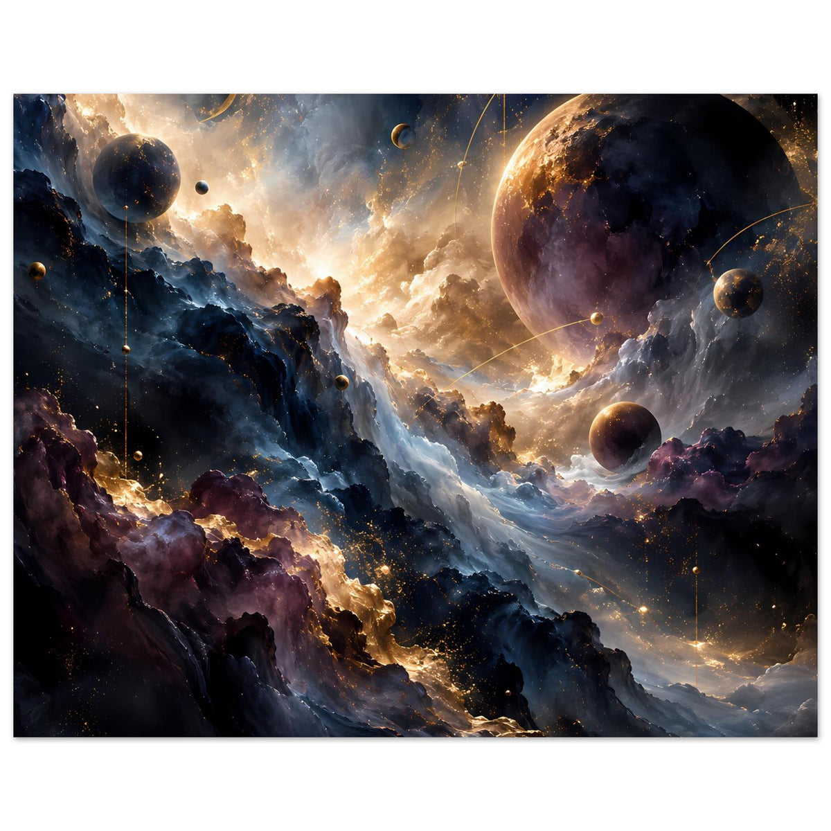 Weltraum-Kunstposter mit Planeten, leuchtender Wolkenmitte und funkelnden Lichtpunkten