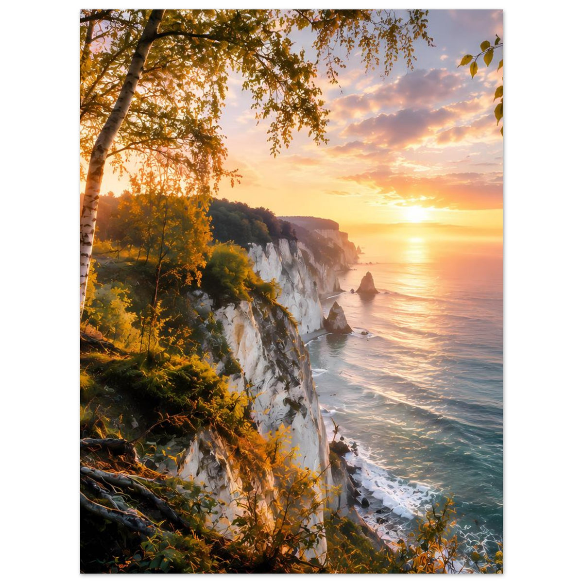 Poster mit Sonnenuntergang über Küstenklippen, Meer mit Wellen und Felsen