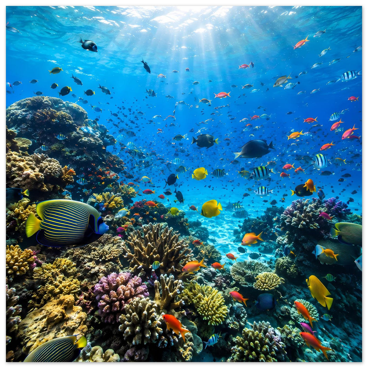 Poster mit Riffkorallen und verschiedenfarbigen Fischen im Blau, Querformat