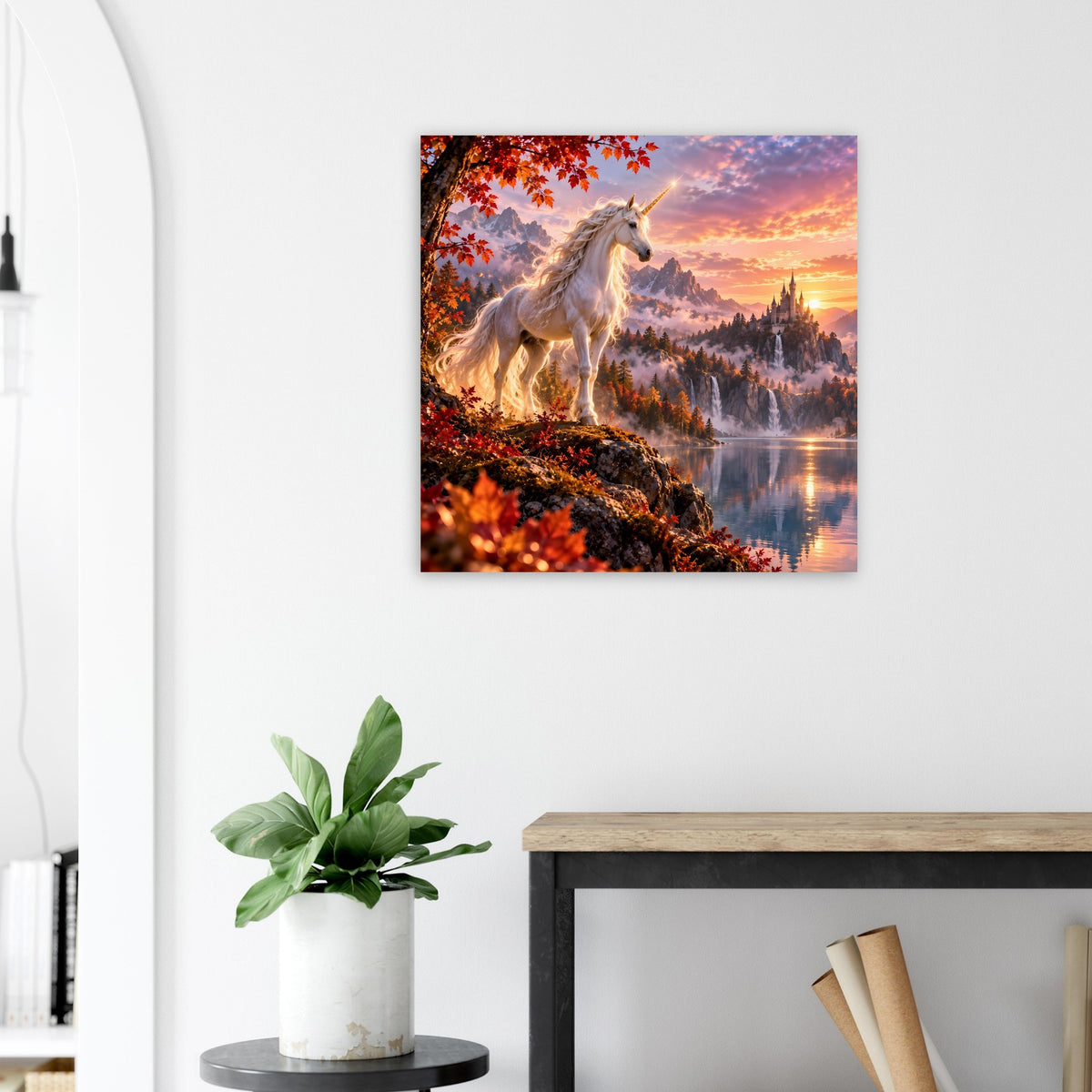 Quadratisches Einhorn-Fantasyposter: goldenes Einhorn auf Felsvorsprung am See bei Dämmerung