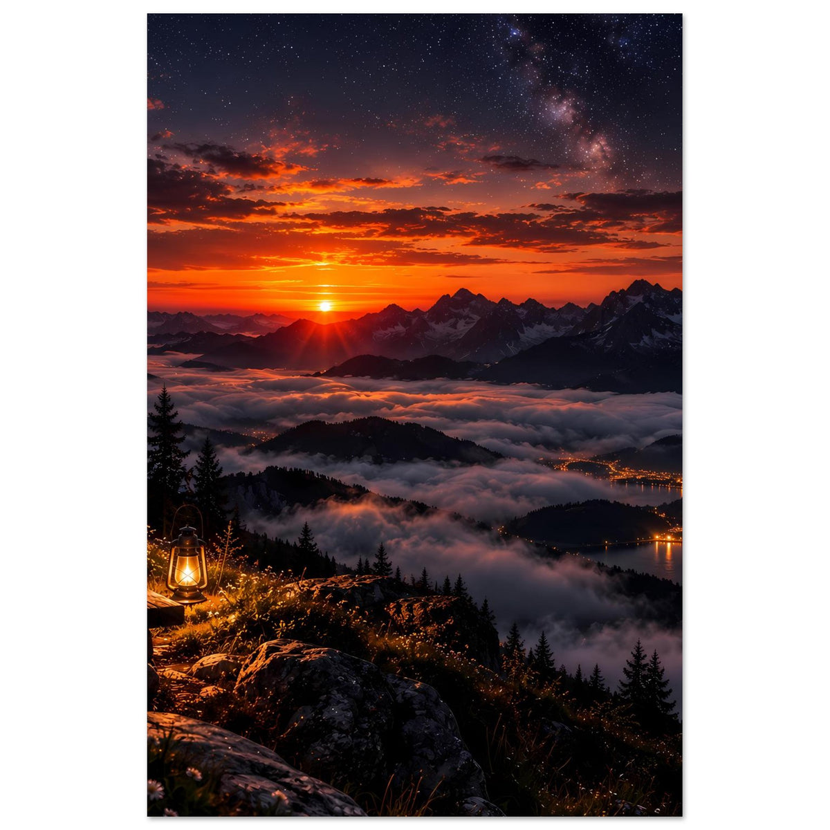 Landschaftsposter vertikal mit Sonnenuntergang über Bergen, Nebel und See; Sterne im Hintergrund
