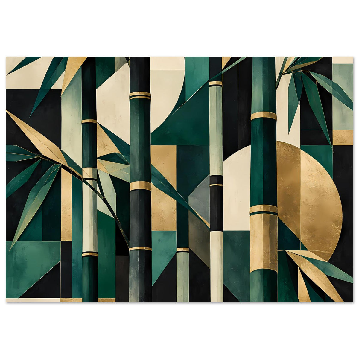 Naturposter mit abstraktem Bambusmotiv in Smaragdgrün, Gold und Beige, flach gerahmt