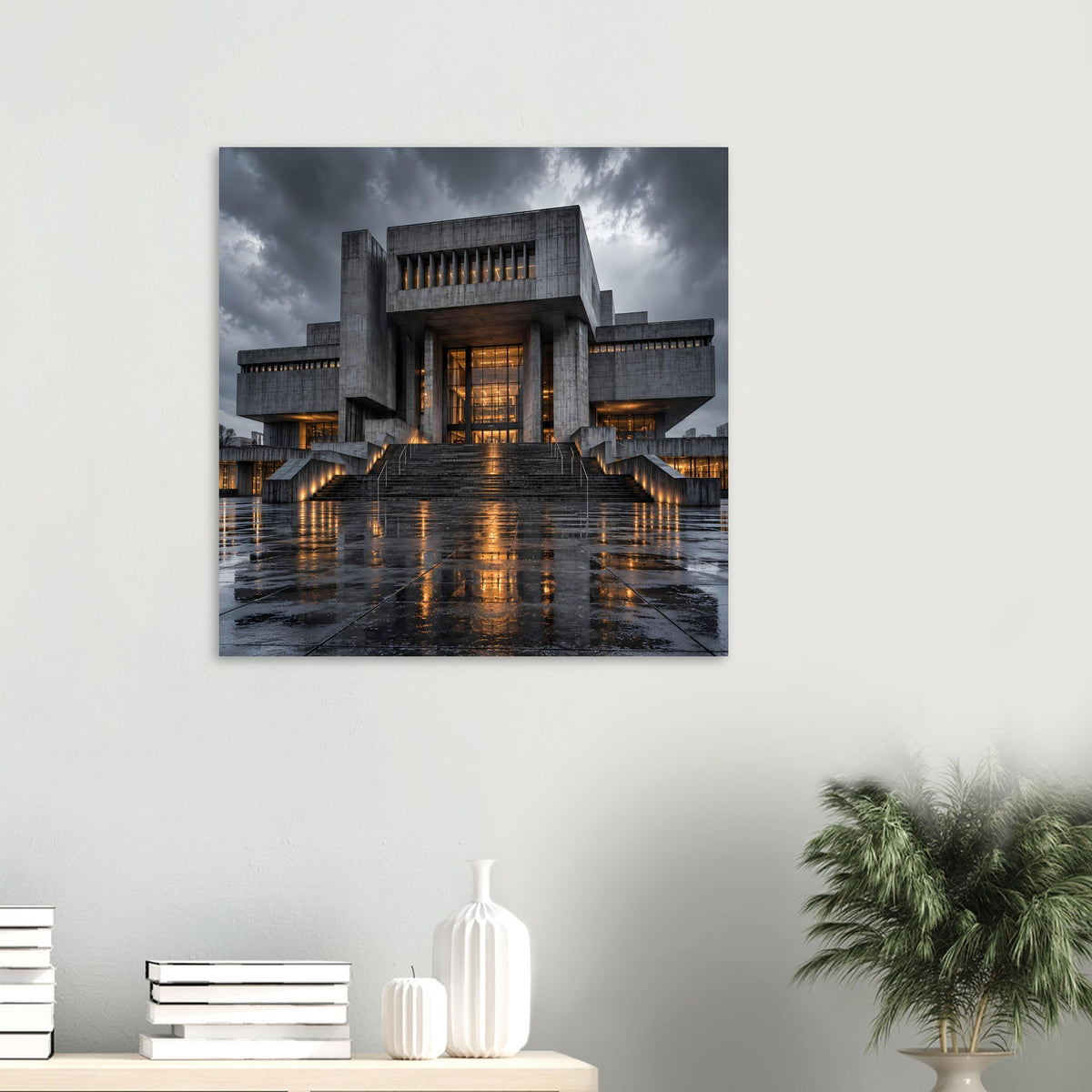 Architekturposter (klein) mit Betonarchitektur, warm leuchtenden Fenstern und Treppe