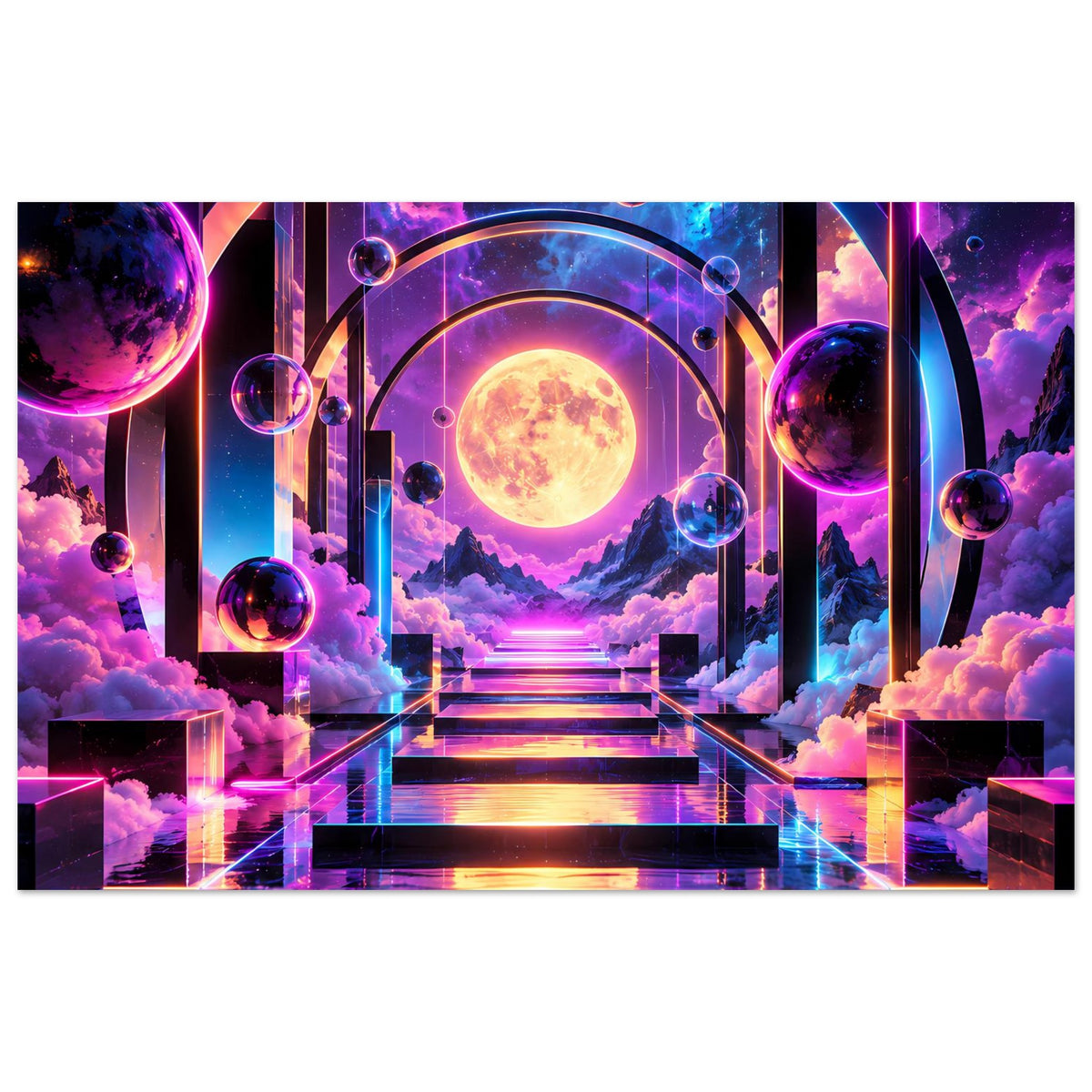 Querformat-Poster mit futuristischem Treppenweg, leuchtender Sonne im Bogen und schwebenden Planeten.