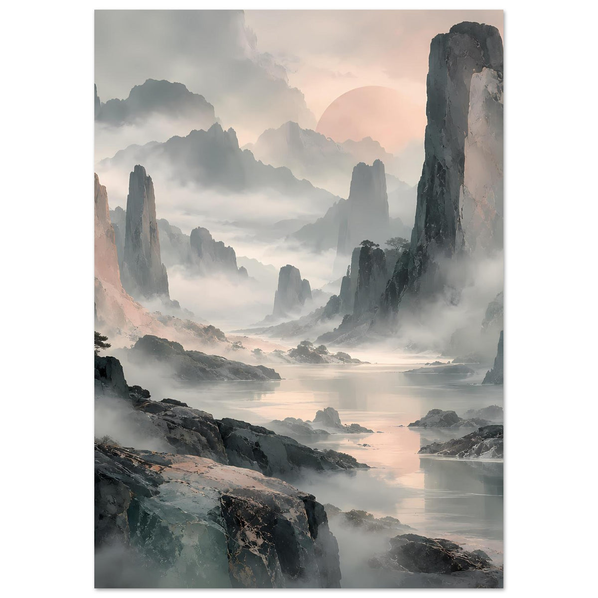 Hochformatiges Poster mit nebliger Berglandschaft, hohen Felsnadeln und weichem Dunst über dem Tal
