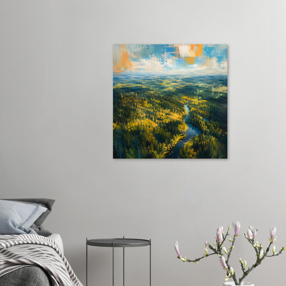 Kleines Poster mit Herbstwald und blauem Fluss, gelbe Bäume und weiter Blick ins Tal