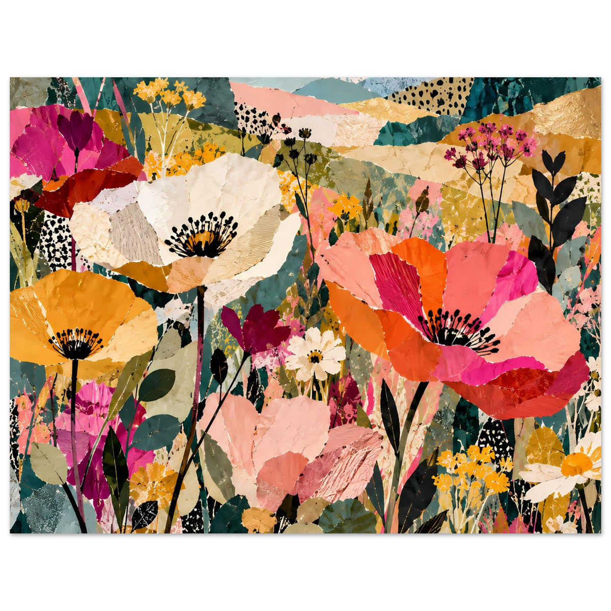 Buntes Blumen-Kollageposter, horizontale Ausrichtung mit abstraktem Blumenarrangement