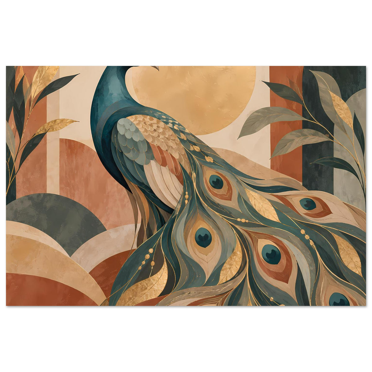 Pfauenposter in warmem Beige und Rost mit goldenen Akzenten auf Pfauenschwingen