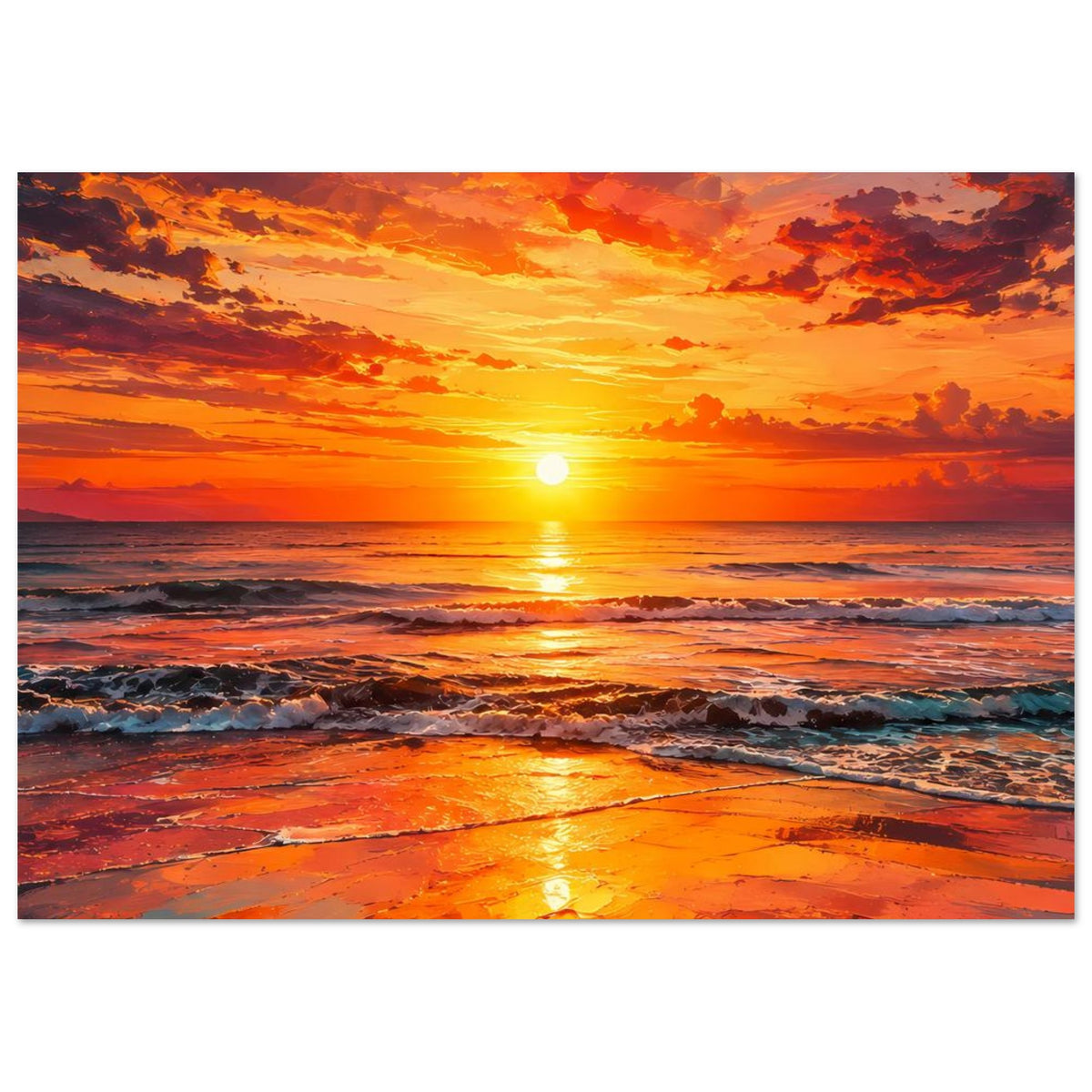 Rechteckiges Poster mit untergehender Sonne über dem Meer und pastellfarbenen Wolken