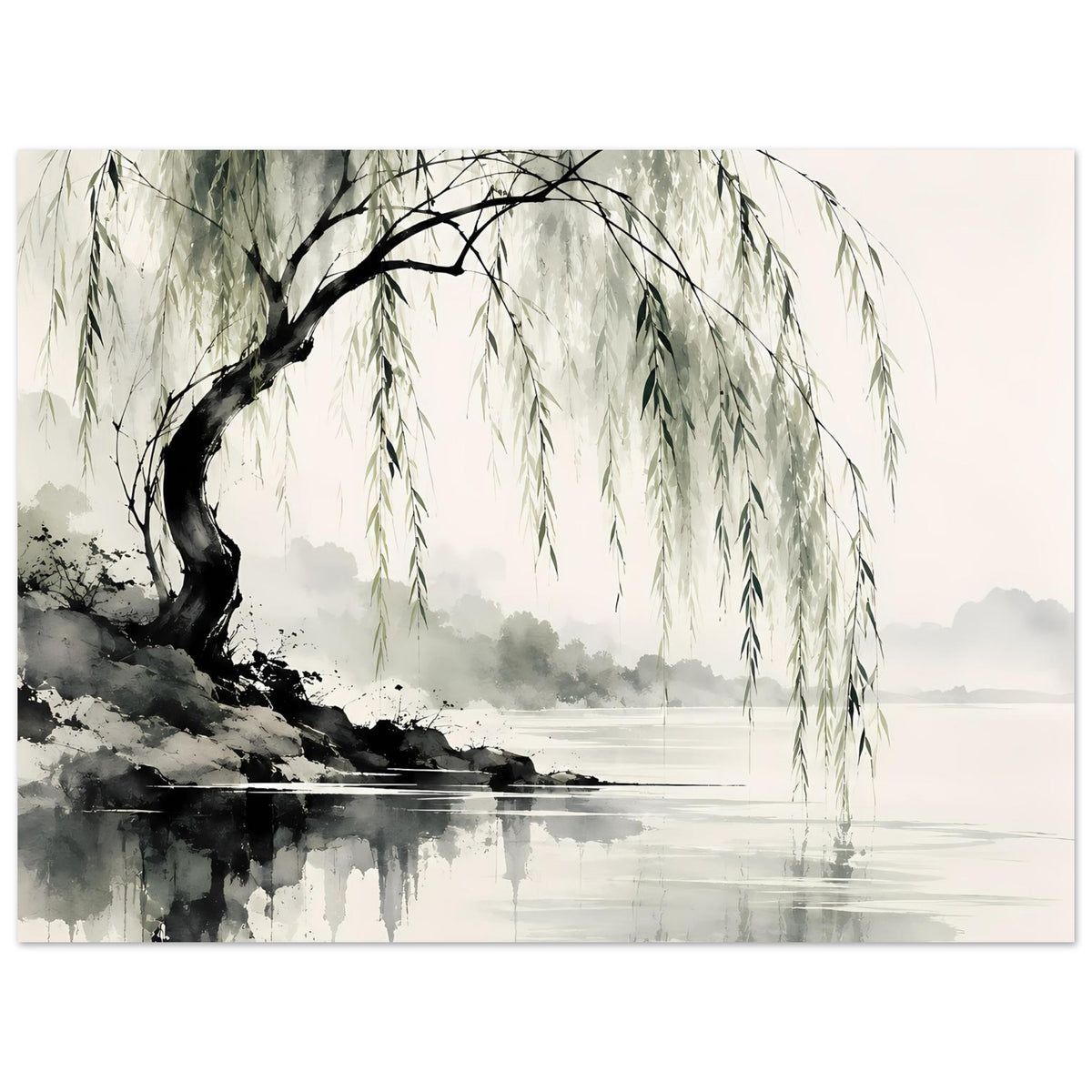 Naturposter mit Weidenbaum: dunkler Stamm, lange hängende Zweige und Wasserreflexion
