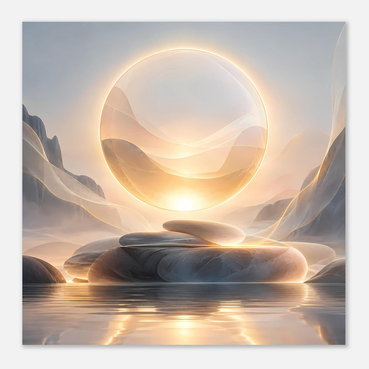 Kunstposter mit großem goldenen Ring, sanften Hügeln und Lichtreflexionen im Wasser