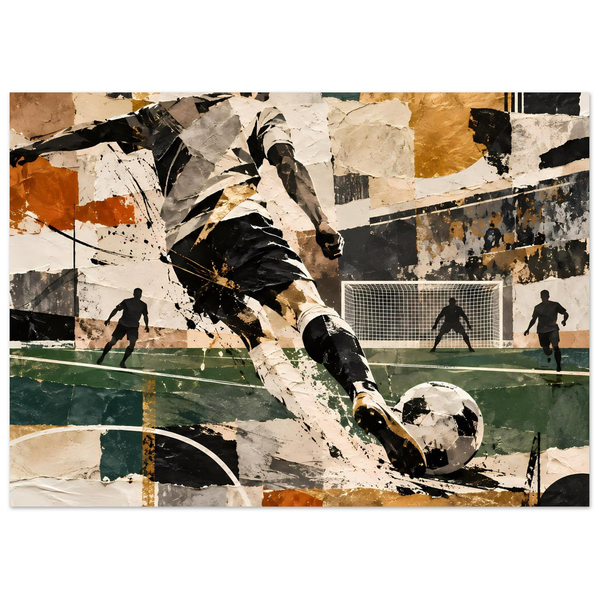 Abstraktes Fußball-Action-Artposter, horizontal: Zentrales Bein am Ball, Hintergrund mit Torlinie