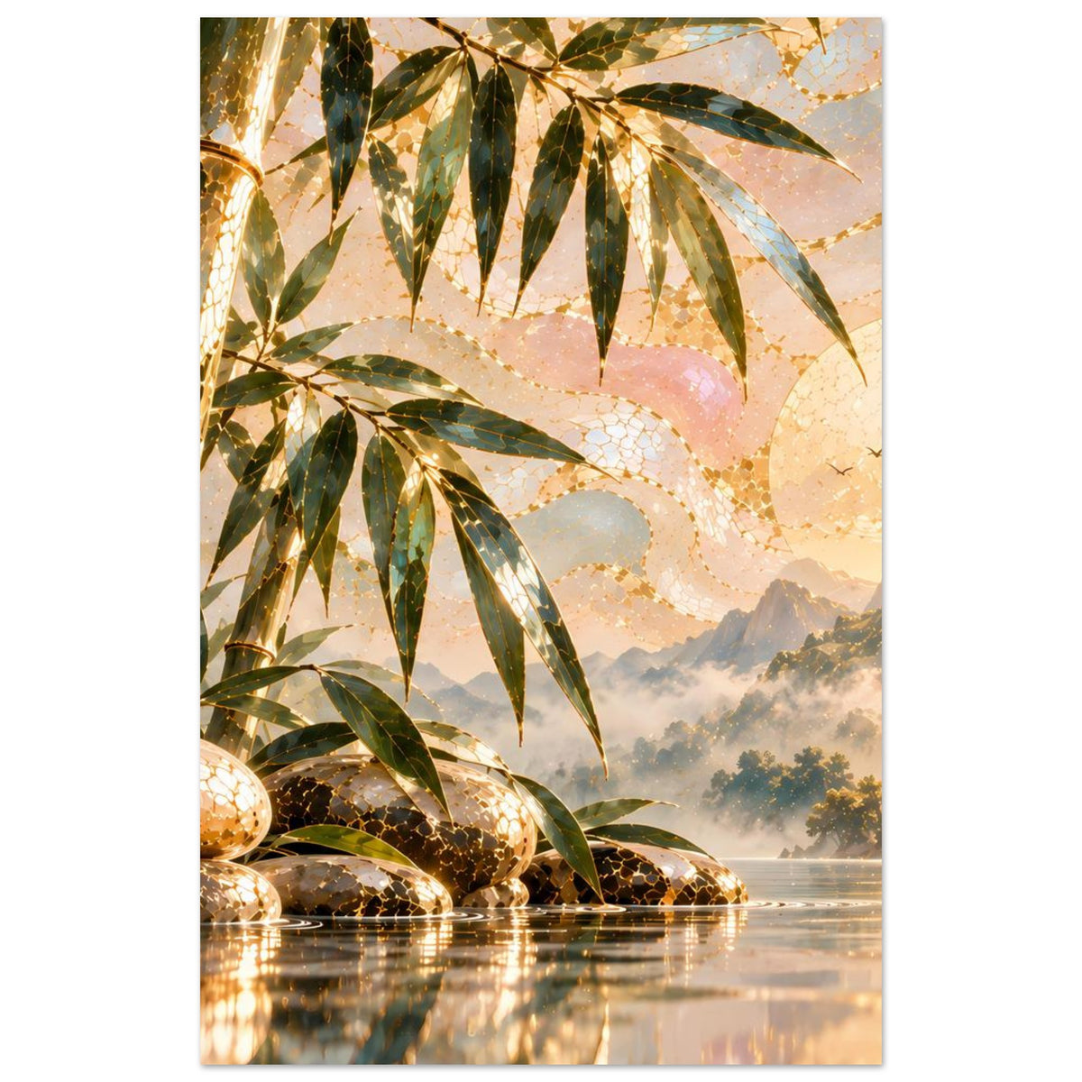 Poster im Hochformat: Bambusblätter über goldenen Steinen und Wasserlauf im Dunst