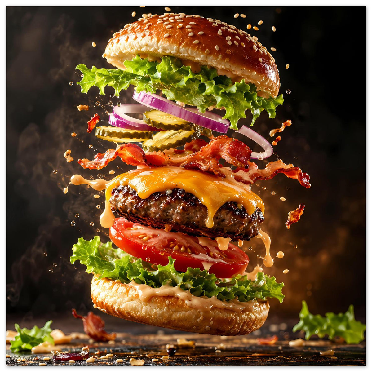 Burger-Poster mit Käse und Salat, fliegende Zutaten über dem Patty