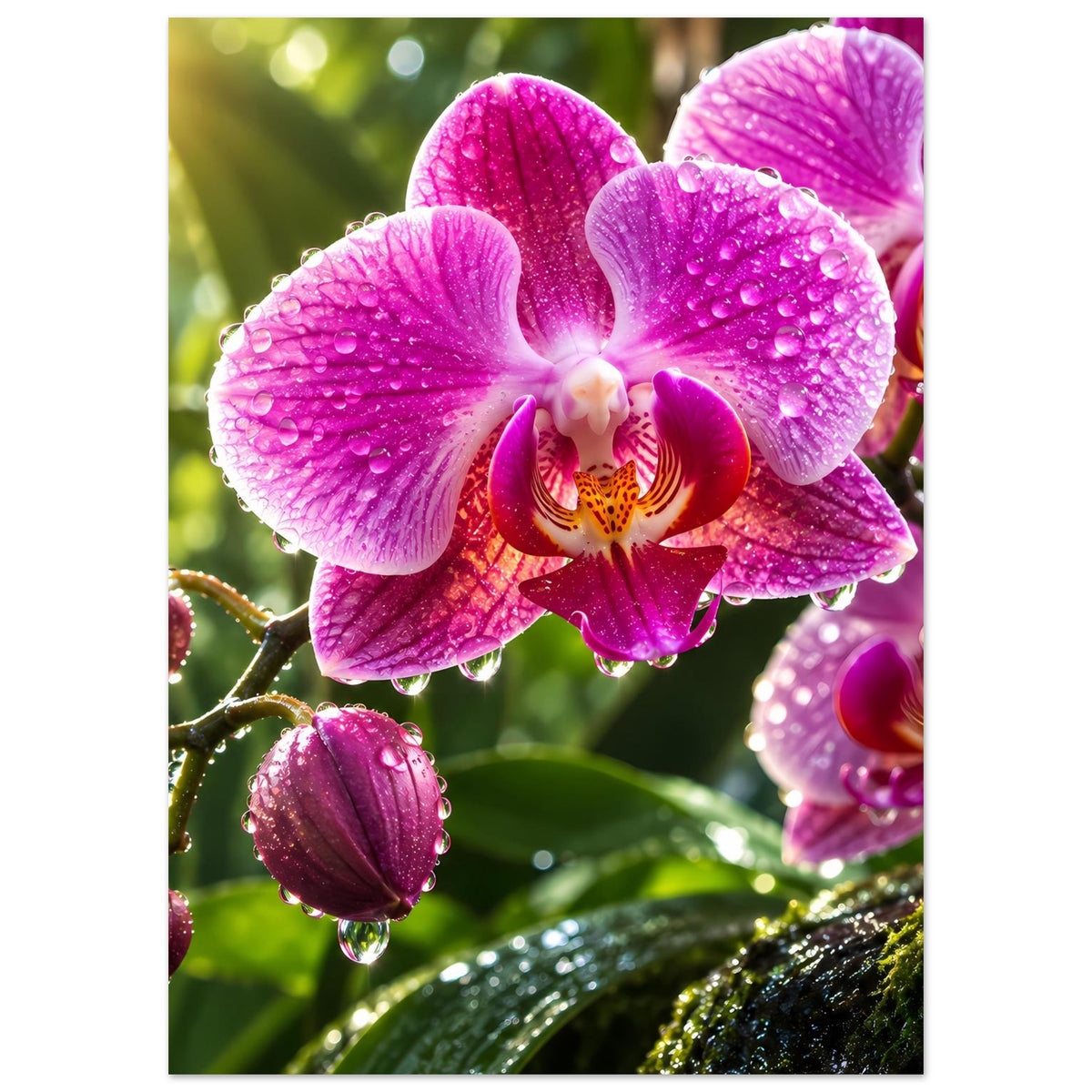 Hochformatiges Poster: pinke Orchideenblüten mit Wassertropfen auf Blättern
