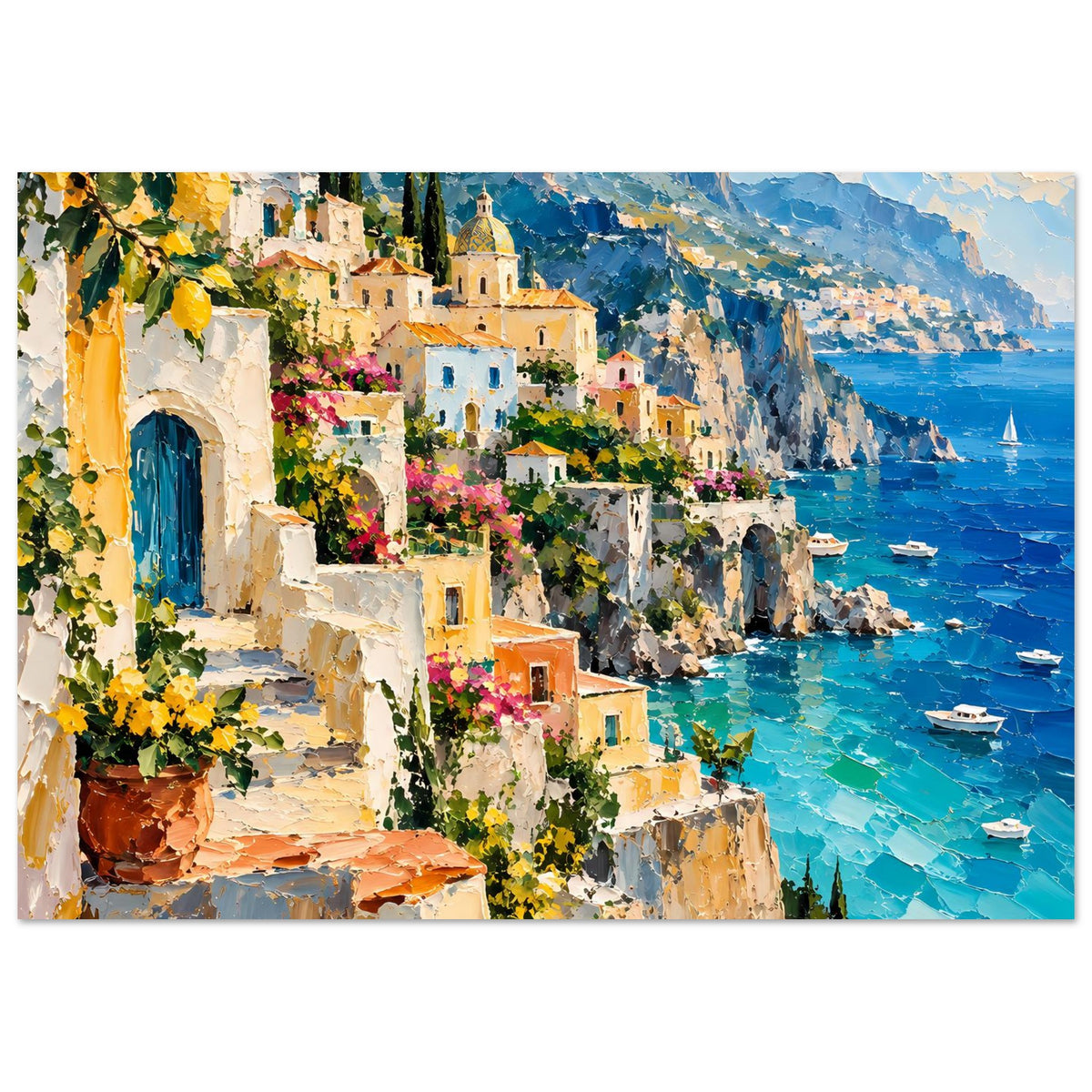 Mediterranes Küstenflucht-Poster: Weitblick auf Küstendörfer, Klippen, türkisfarbenes Wasser und Boote