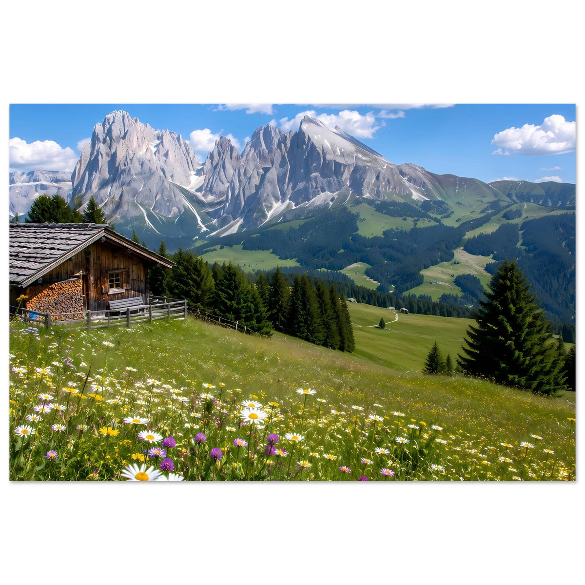 Landschaftsposter mit Alpenbergen, Berghütte links, grünen Tälern und Wiesenblumen, Querformat