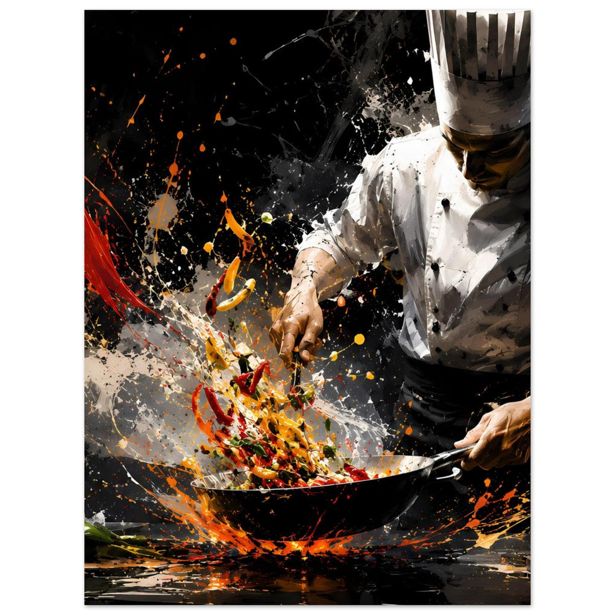 Kochposter im Hochformat: Chef mit weißem Hemd über Pfanne, gelbe und orange Farbspritzer