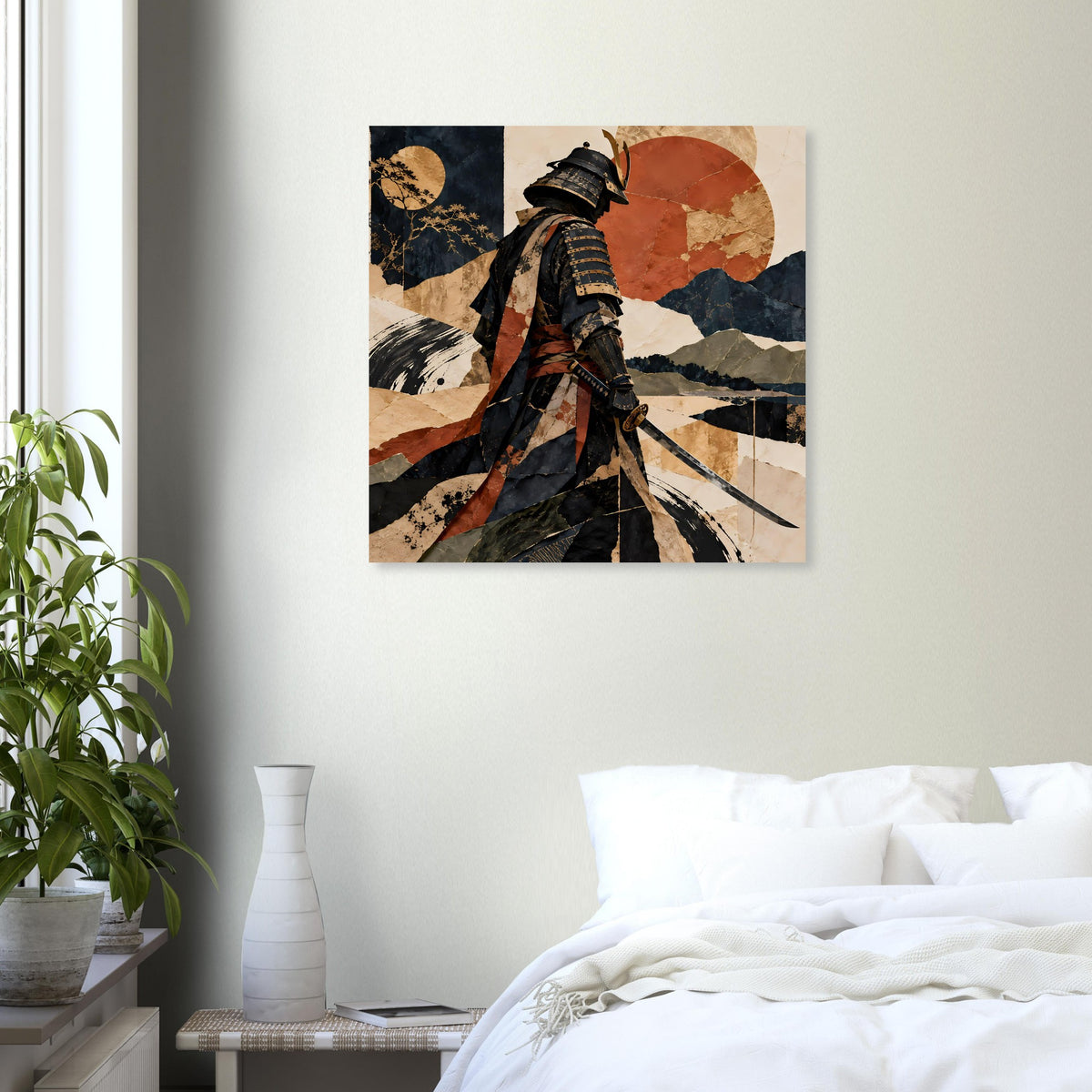 Poster mit Samurai-Silhouette, schwarze Details, rotbraune Kreise und Berglandschaft