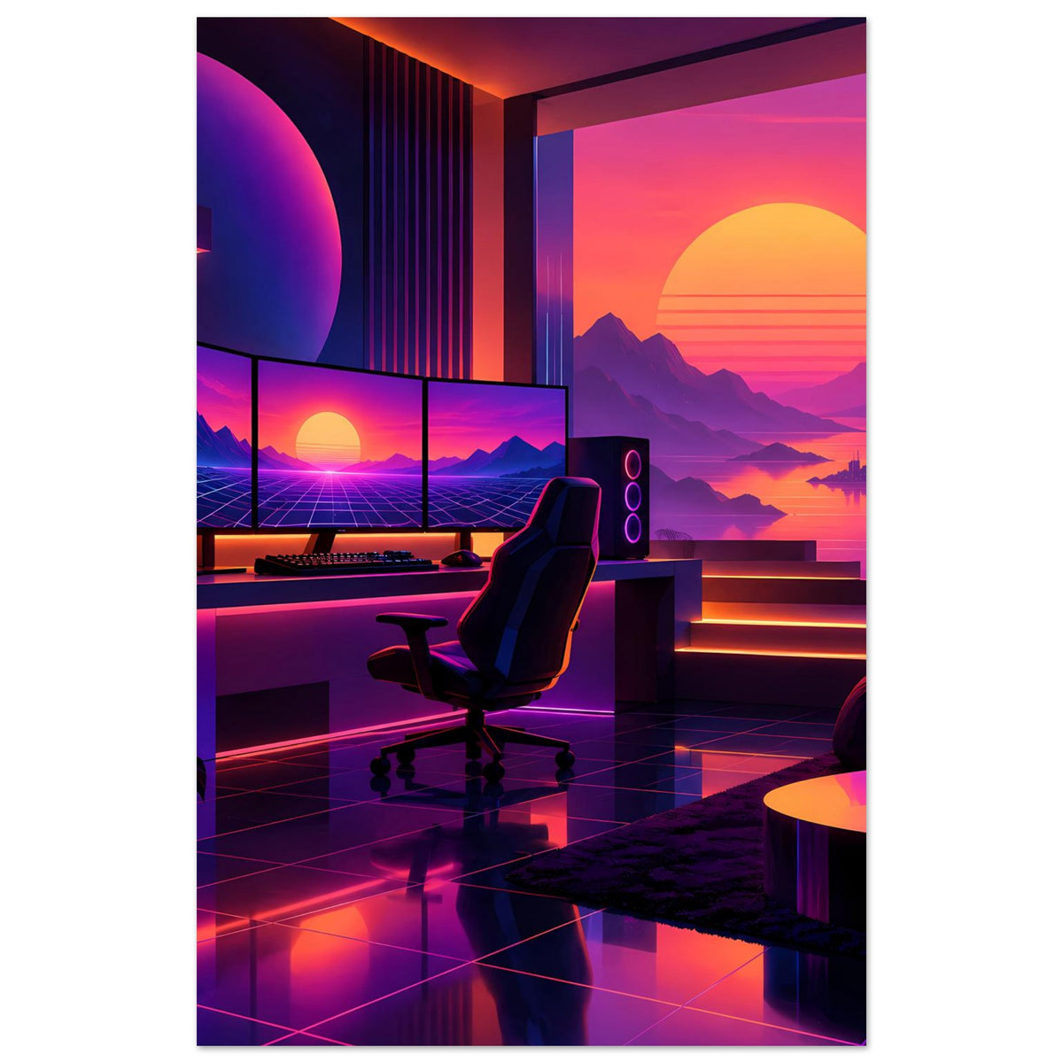 Retro-Neon-Sonnenuntergang-Poster: Stuhl vor Neon-Landschaft mit Bergen, Meer und großer Sonne