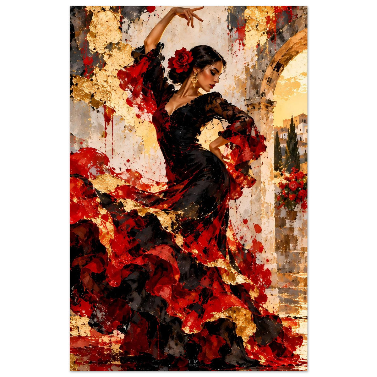 Poster mit Flamenco-Tänzerin in Schwarz und Rot, Hochformat, Fokus auf Rock und erhobene Hand