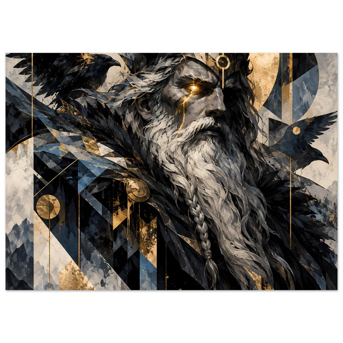 Wandposter Odin mit langem grauem Bart, geflochtener Kette und dunklem Federkranz