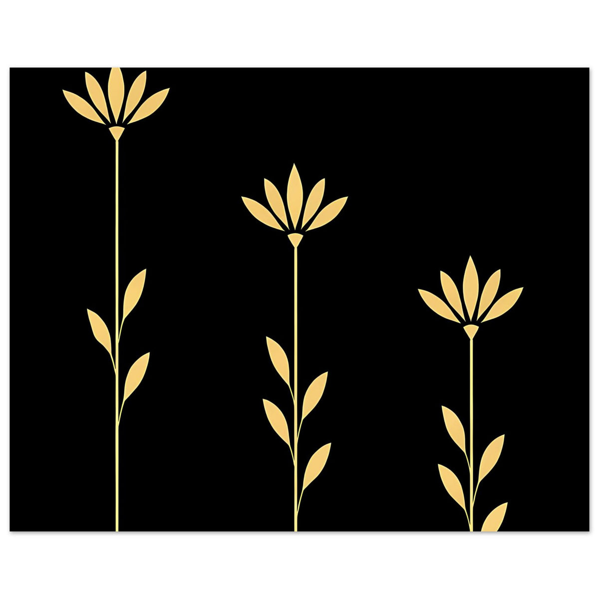Breites Poster: goldene Botanikblumen auf schwarzem Hintergrund