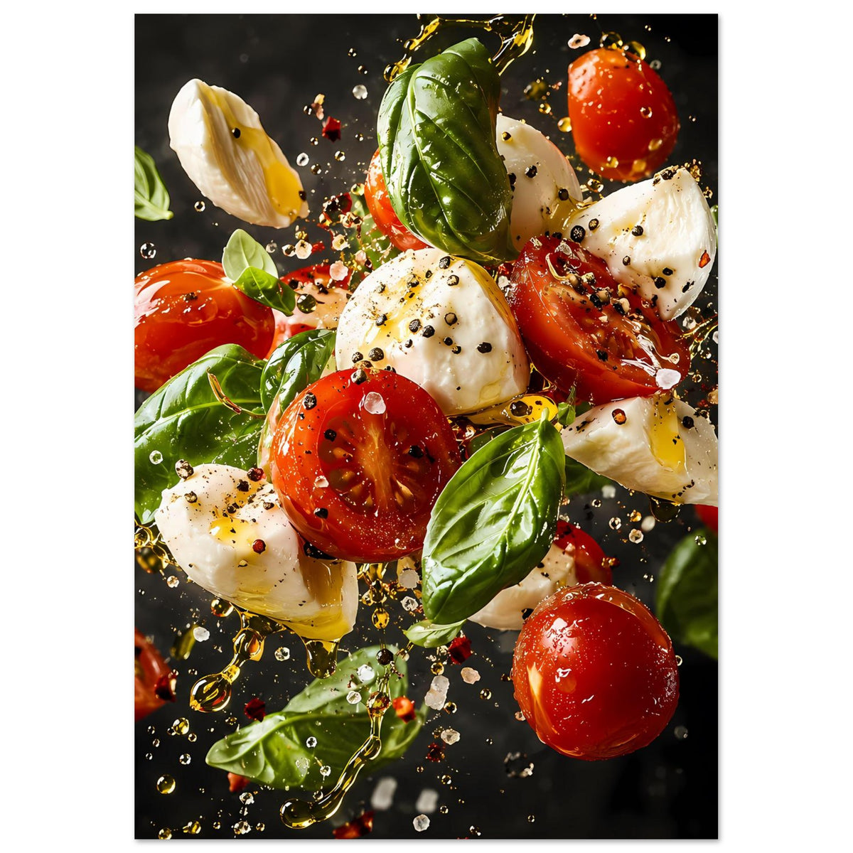 Caprese-Salat-Poster im Hochformat, näher: Tomatenhälften, Mozzarella und Basilikum.