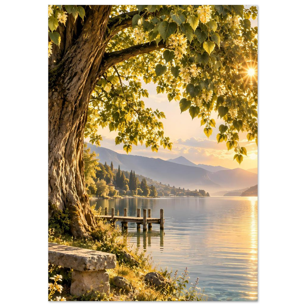 Poster mit altem Baum, dichtem Laub, See und Holzsteg, goldene Lichtreflexe