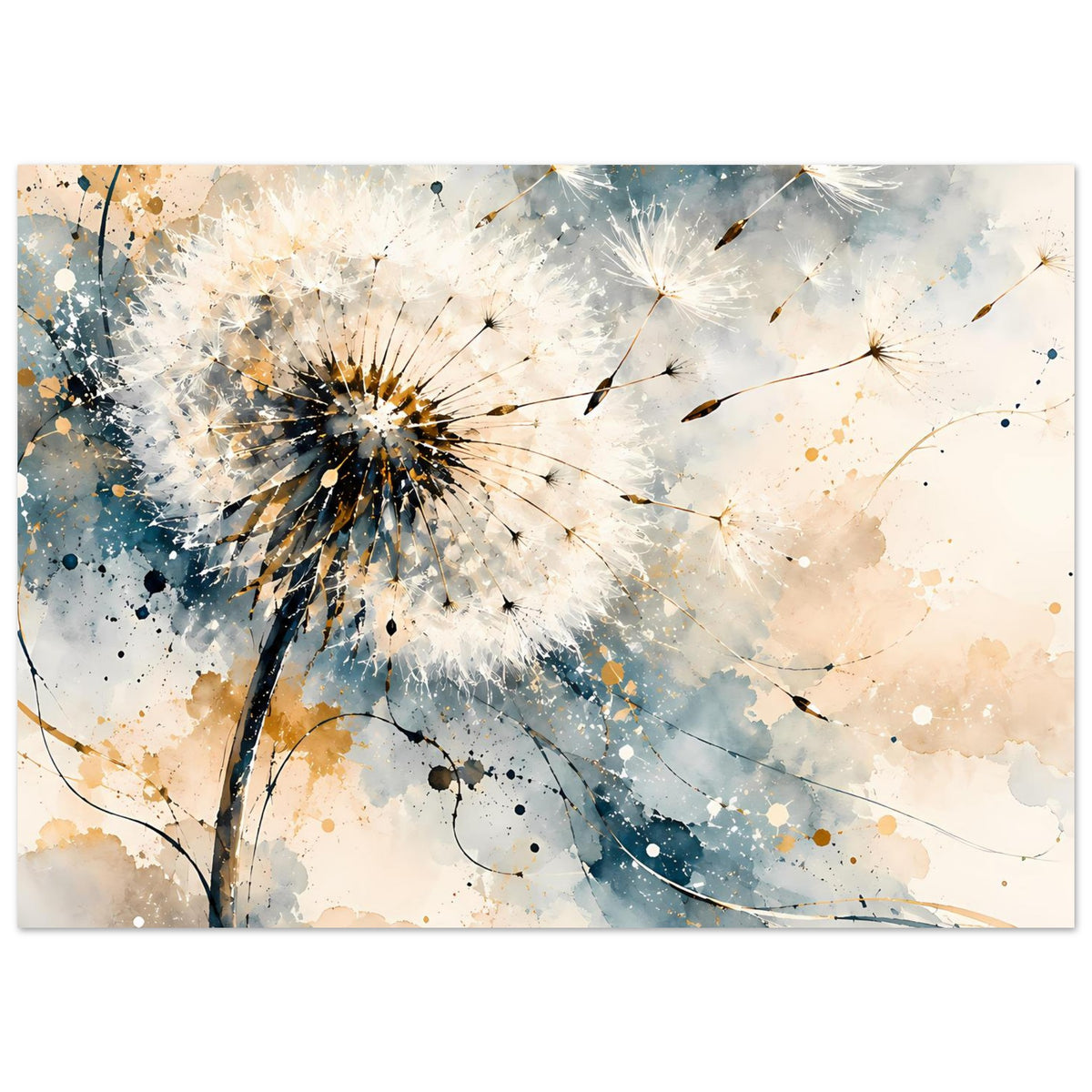 Kunstposter mit großer Pusteblume, Blau- und Goldspritzer sowie schwebenden Samenflügeln