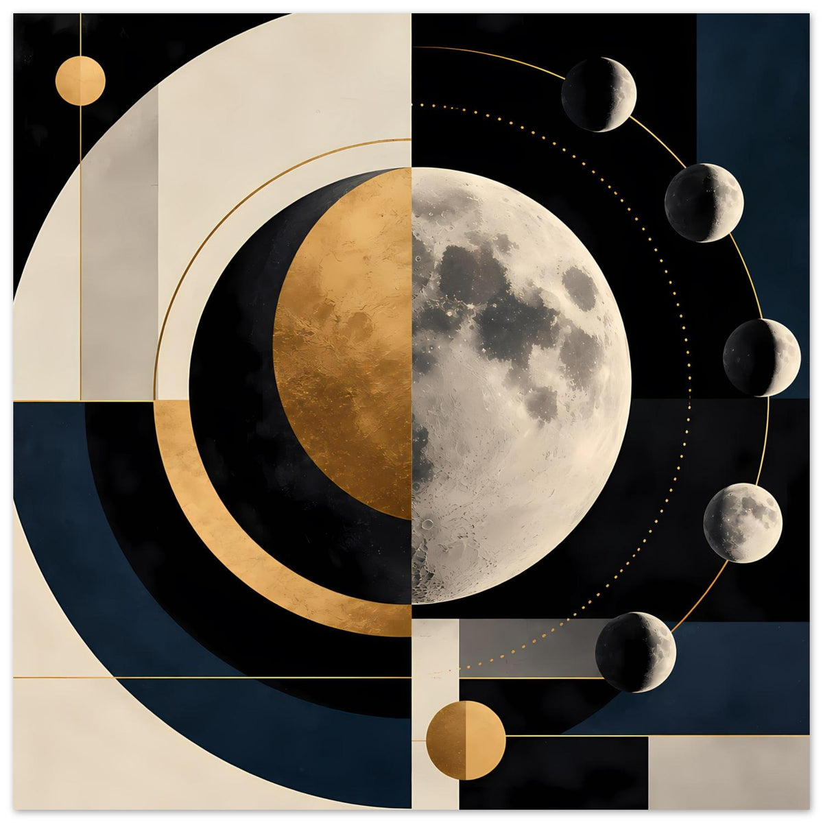 Abstrakter Mondkunst-Druck mit großer Mondscheibe, goldenen Planeten und blauen Kreisflächen