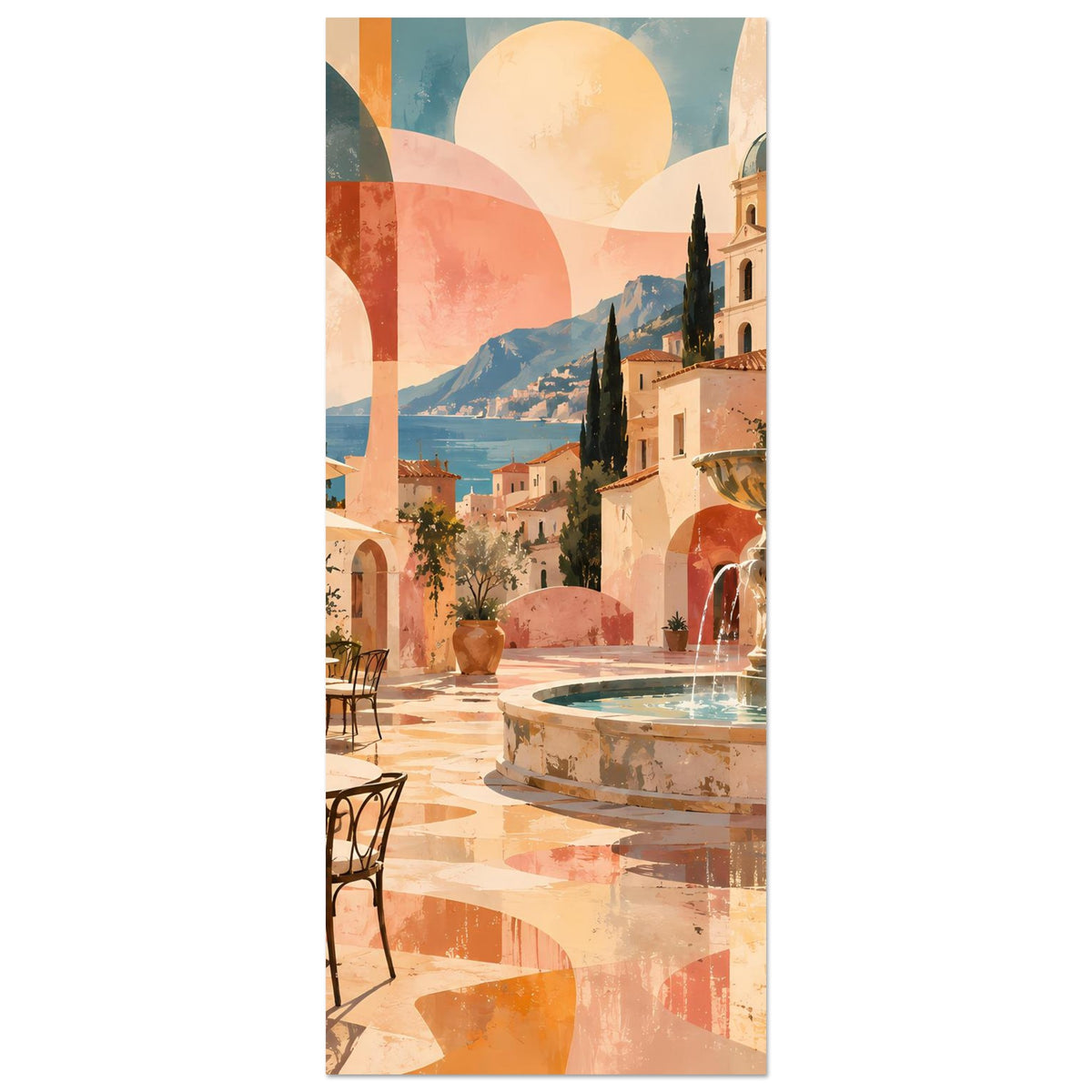 Hochformat-Poster, Ausschnitt mit Rundbrunnen und mediterranen Gebäuden in Pastellfarben