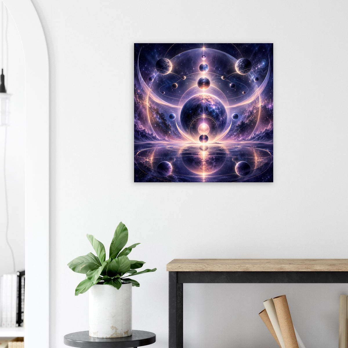 Quadratisches Poster mit leuchtendem Raum-Mandala und dunklen Planetenformen.