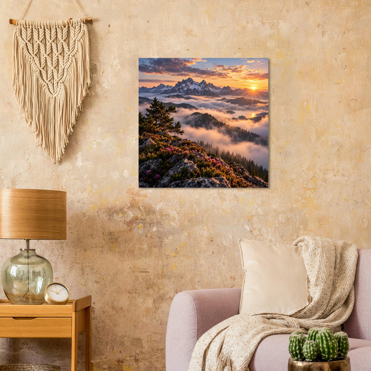 Quadratisches Wandposter: Sonnenaufgang über Berggipfeln mit Morgennebel