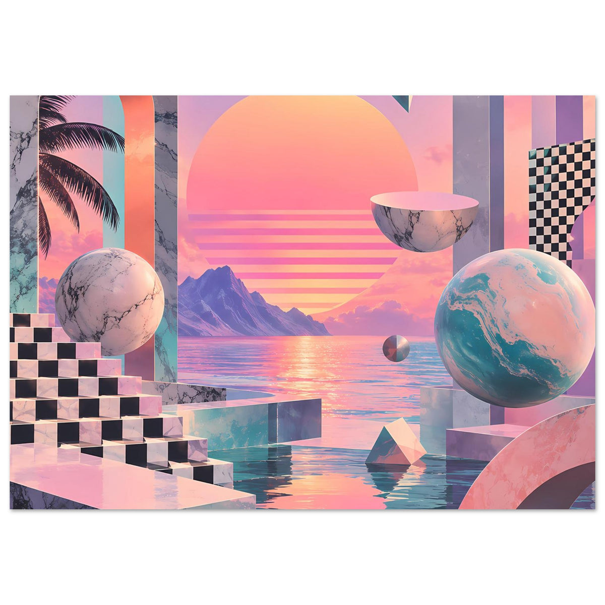 Surrealer Sonnenuntergang Druck mit Kugelplaneten, Würfelpodesten und farbigen Bögen