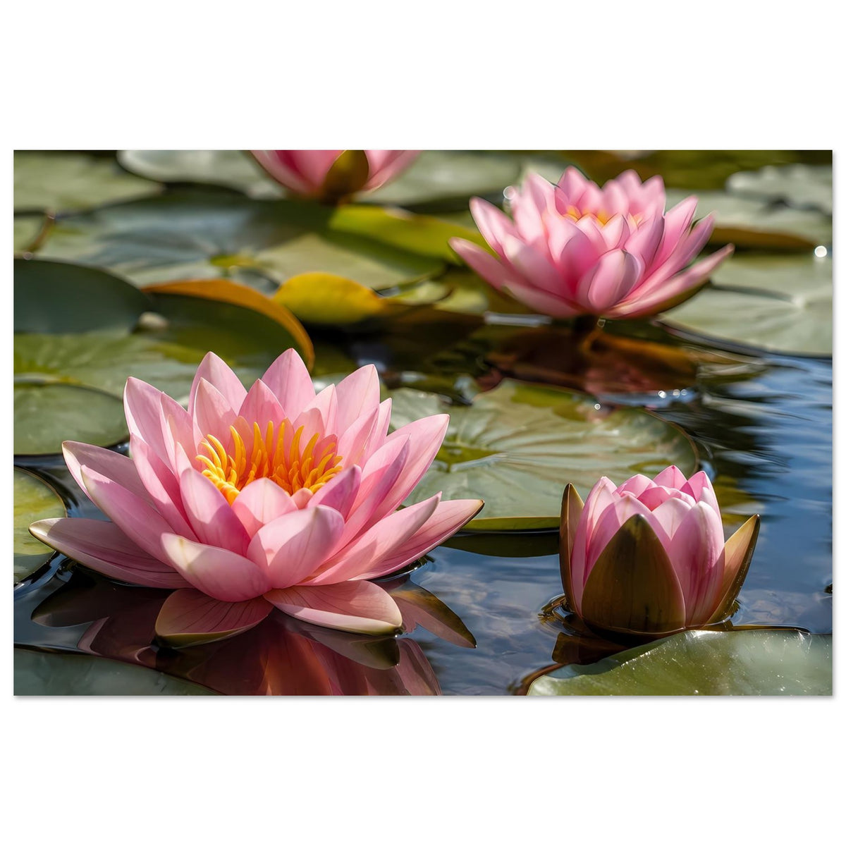 Poster mit rosa Seerose, gelbe Blütenmitte, sowie weitere Seerosen im Wasser